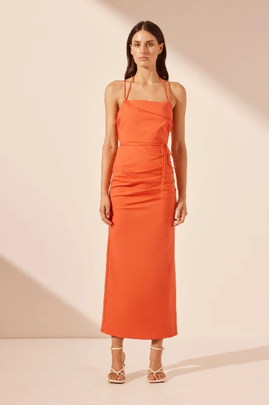 LANI DRAPED CROSS BACK MIDI DRESS - HIBISCUS