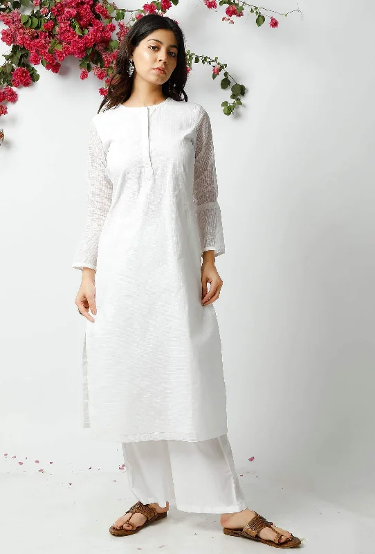 Set of 2: The Captivating White Kota Kurta Matched with White Cotton Pants