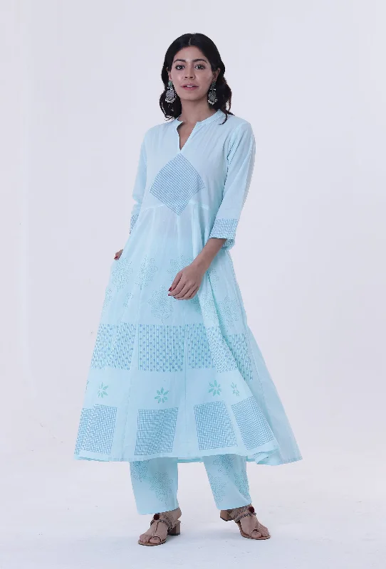 Set Of 2: Greenish-Blue Cotton Block Printed Anarkali Kurta & Pant Trendy Velvet Pants Set Of 2: Greenish-Blue Cotton Block Printed Anarkali Kurta & Pant Trendy Velvet Pants