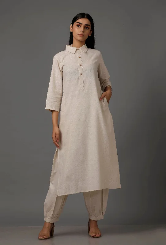 Set of 2: White Pure Woven Cotton Kurta and Pants