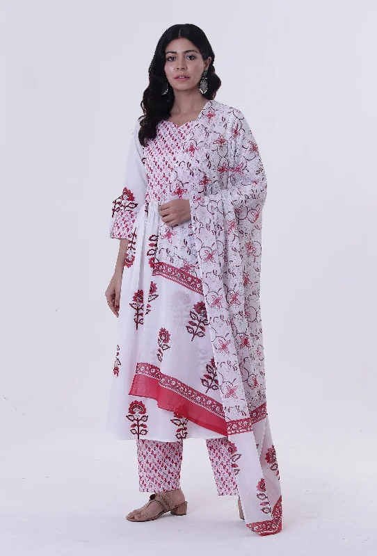 Set Of 3: White Cotton Block Printed With Red Motif Kurta, Pant & Dupatta Cozy Maternity Pants Set Of 3: White Cotton Block Printed With Red Motif Kurta, Pant & Dupatta Cozy Maternity Pants