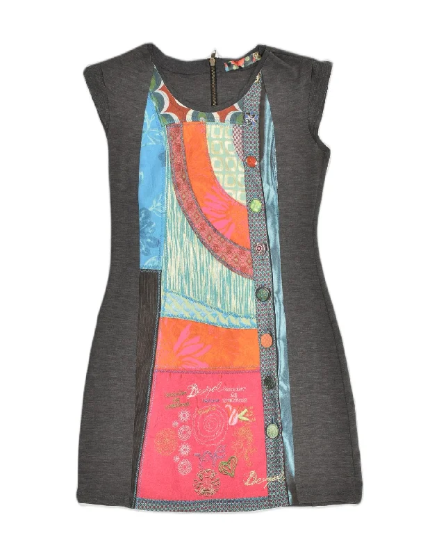 DESIGUAL Womens Graphic Sheath Dress UK 12 Medium Grey Patchwork Polyester