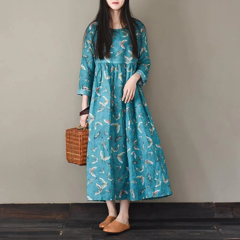 Italian o neck linen spring dresses Fabrics green Dresses