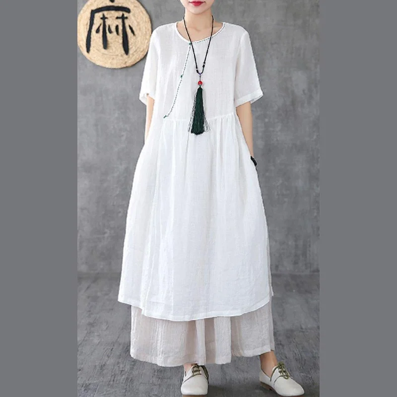 Italian o neck pockets linen clothes For Women Runway white Dresses