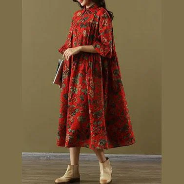 Italian red print linen clothes For Women lapel wrinkled long summer Dress