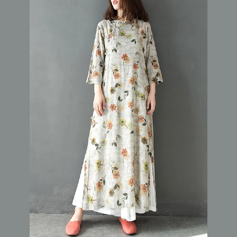 Italian side open linen clothes For Women Neckline gray print Dress summer