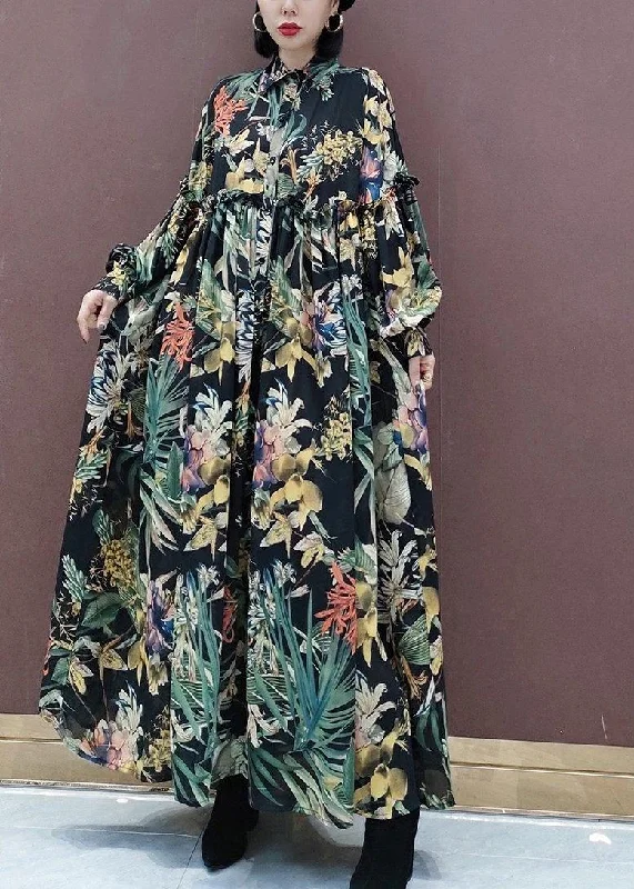 Italian Stand Collar Cinched Spring Dress Runway Green Print Loose Dress