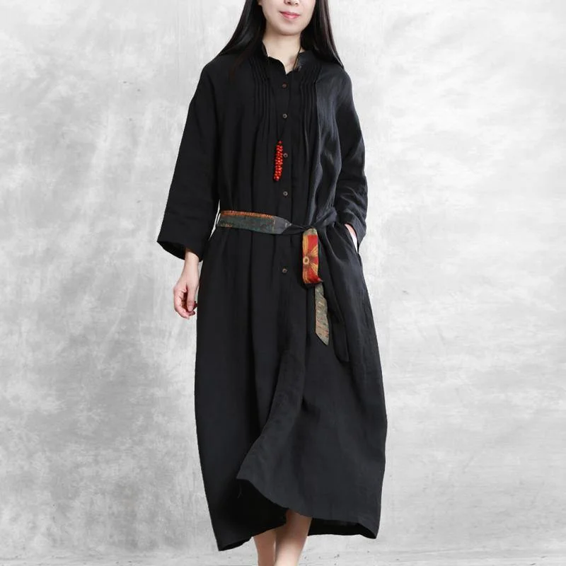 Italian Stand tunic linen clothes For Women Shape black Dress