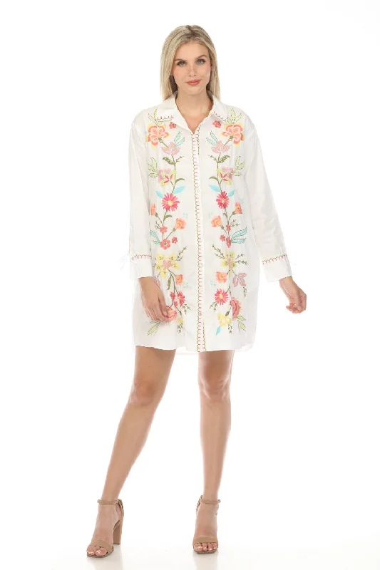 Johnny Was Workshop White Camellia Ruched Sleeve Tunic Dress Boho Chic W29124