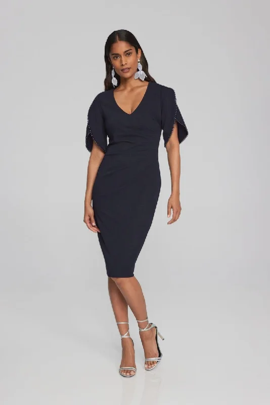 Joseph Ribkoff V-Neck Pearl Detail 3/4 Tulip Sleeves Sheath Dress 241762