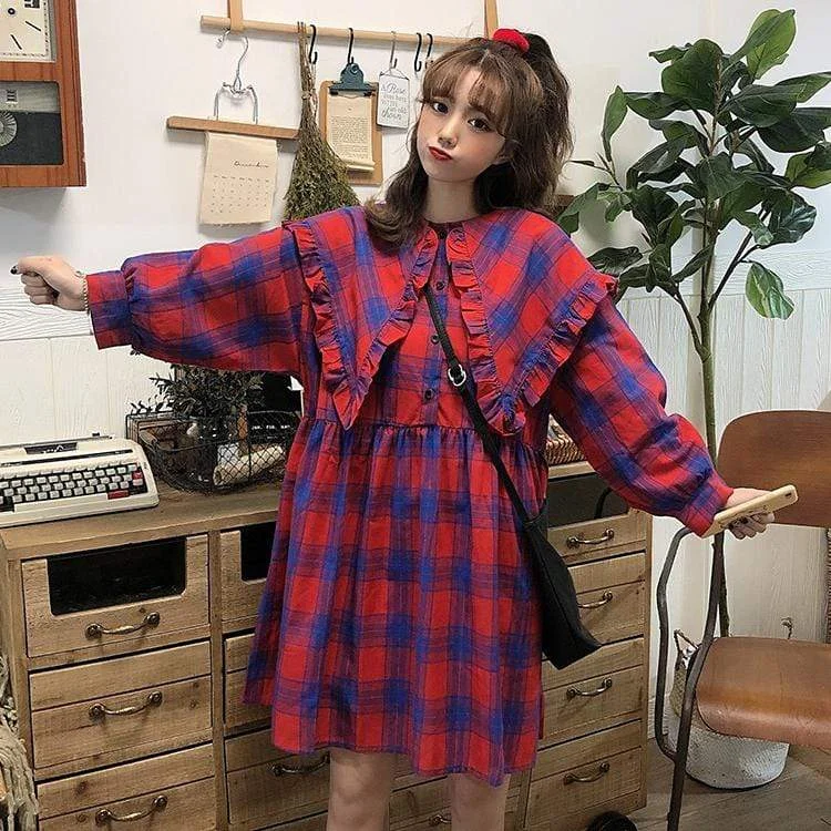 Kawaii Sailor Collar Plaid Dress