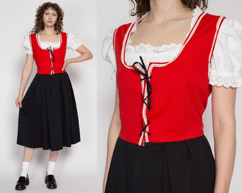 Large 70s Red & Black Dirndl Folk Dress, As Is