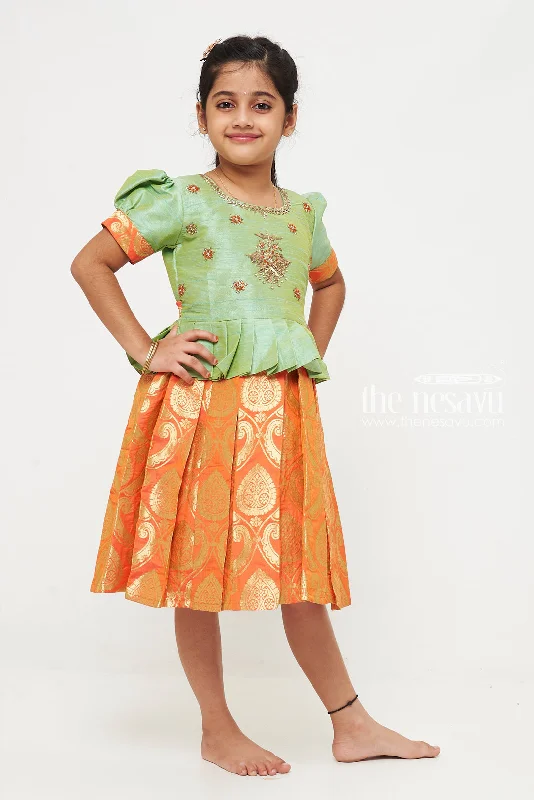 Green and Red Banarasi Semi-Silk Dress for Girls - Ideal for Onam and Navratri