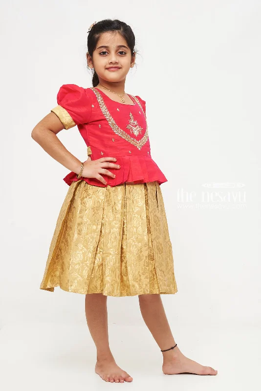 Red and Gold Banarasi SemiSilk Dress for Girls  Ideal for Dussehra and Diwali