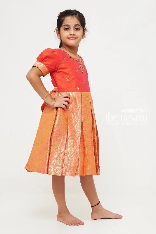 Red and Orange Banarasi Semi-Silk Dress for Girls - Perfect for Festive Celebrations