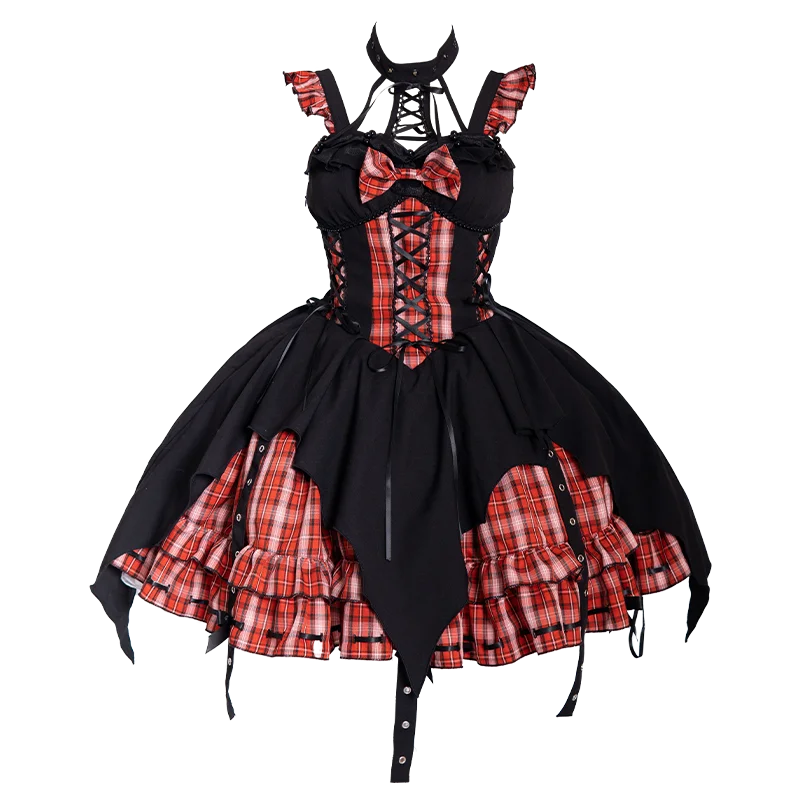 OCELOT~Rock 'N' Row Radio Wave~Punk Lolita JSK Dress Plaid Irregular Hemline Dress