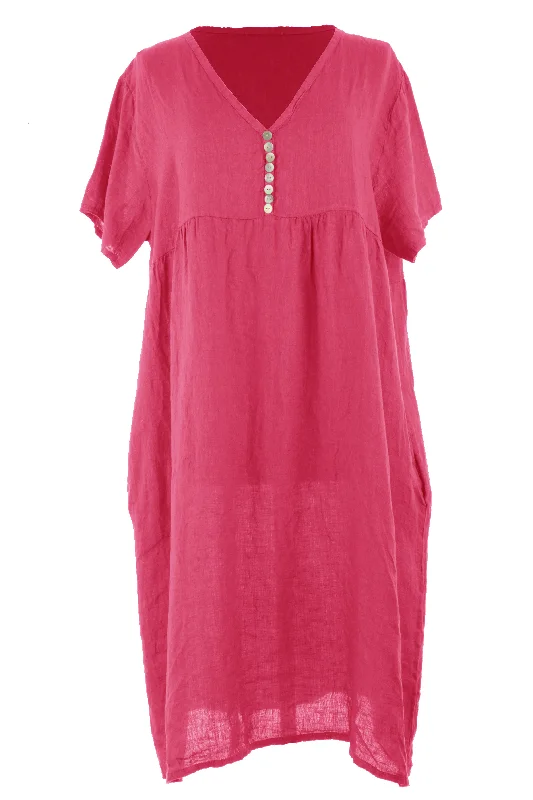 V Neck Button Detail Linen Dress