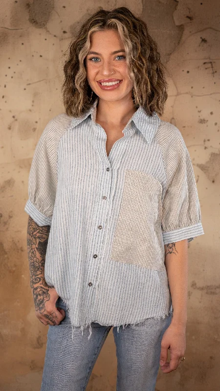 Carmen Striped Denim Top Suede Faux Fur Shearling