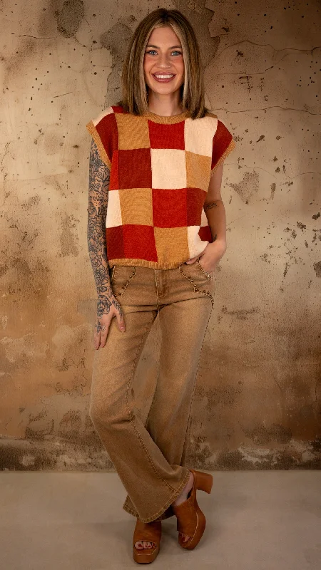 Fall Breeze Rust Mix Checkered Top Bomber Denim Leather