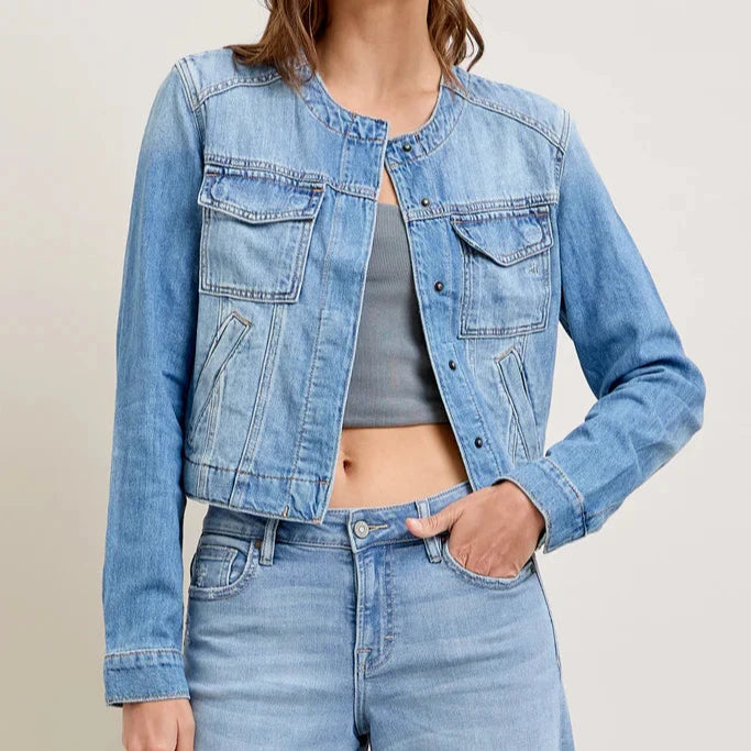 Hidden Collarless Denim Trucker Jacket