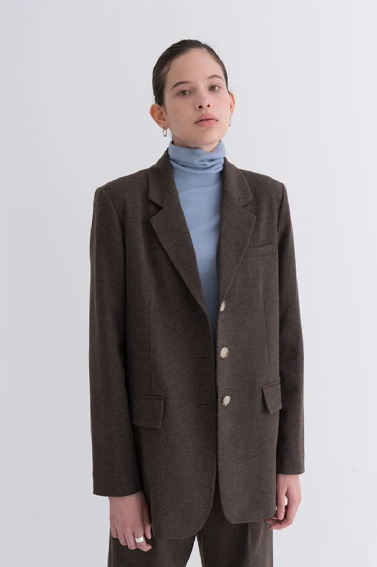 Natural Mannish Basic Wool Jacket Brown Elasticated Drawstring Belted