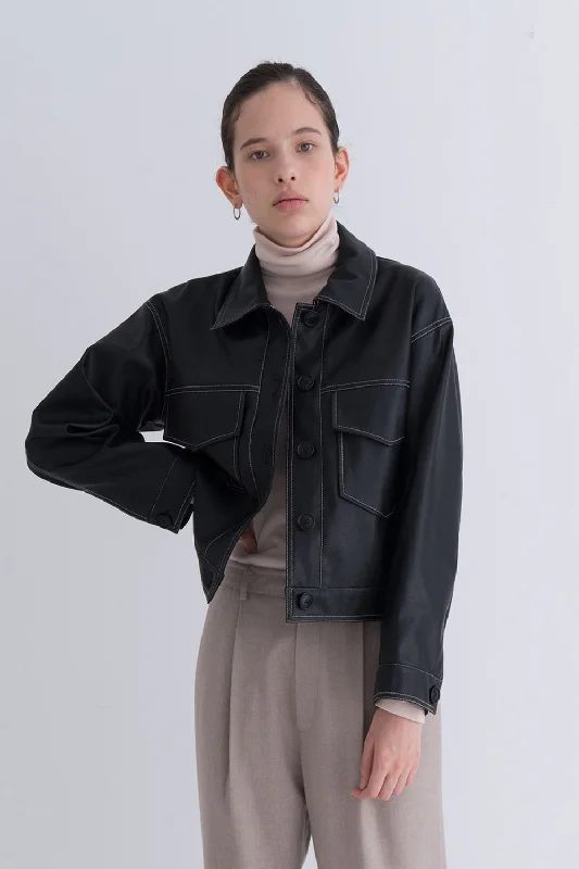 Stitch Pocket Leather Jacket Black Striped Polka Dot Floral