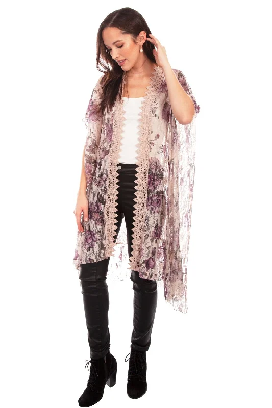 Scully Womens Cafe Nylon Printed Lace Duster Fur-Trimmed Winter Coat