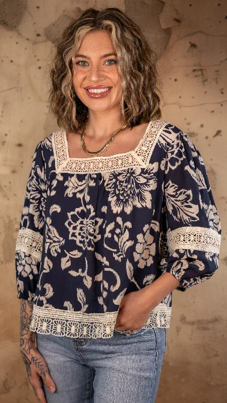 Sonya Navy Floral Top Turtleneck Wrap Cape