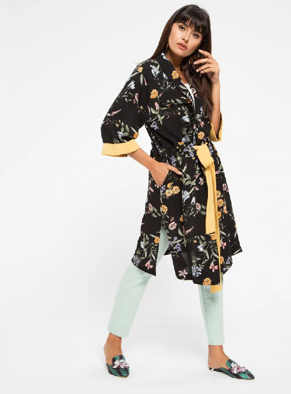 Yellow Contrast Tie Front Kimono Lapel Coat Peter Pan Collar Coat Cowl Neck Coat