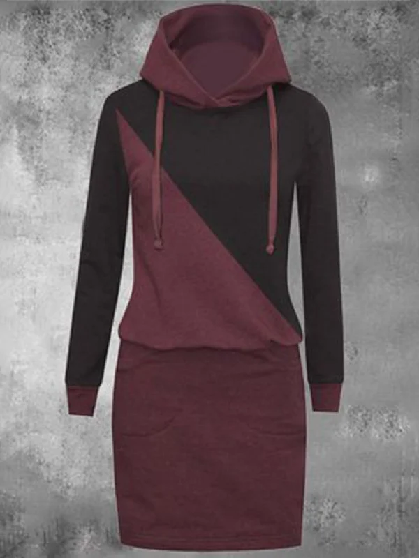 Casual Color Matching Hooded Women'S Sweater Dress Hoodie with Hem Applique Textured Unique