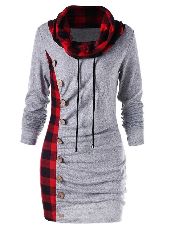 Casual Plaid High Neck Mid-Length Hoodie Zip Hoodie Drawstring Kangaroo Pocket