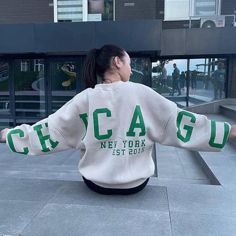 Chicago Print Sweatshirt Hoodie with Patch Decorative Personalized
