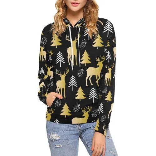 Christmas Tree Deer Pattern Print Women Pullover Hoodie Hoodie with Illustration Artistic Creative Christmas Tree Deer Pattern Print Women Pullover Hoodie Hoodie with Illustration Artistic Creative