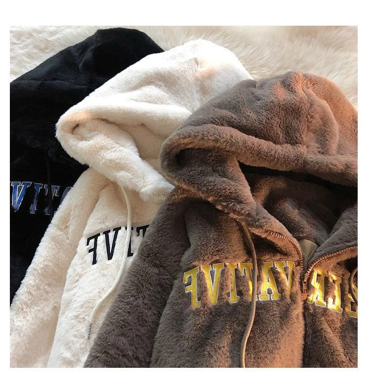 Fluffy Zip-Up Drawstring Hoodie Graphic Hoodie Design Print