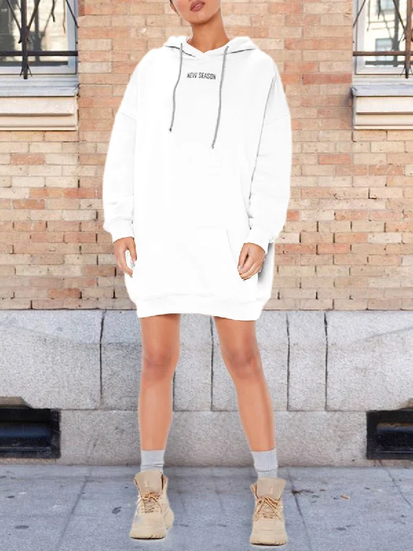 Pure Color Hooded Printed Casual Sweater Dress Hoodie with Button Classic Timeless