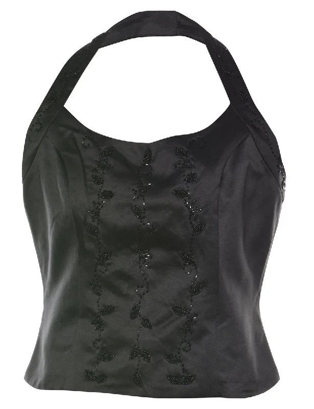 Beaded Black 1990s Evening Top - M Elegant Sheer Top