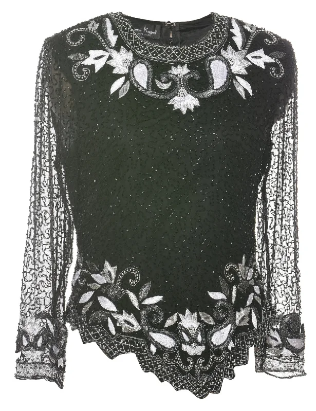 Black Beaded Silk Party Top - S Feminine Peplum Top