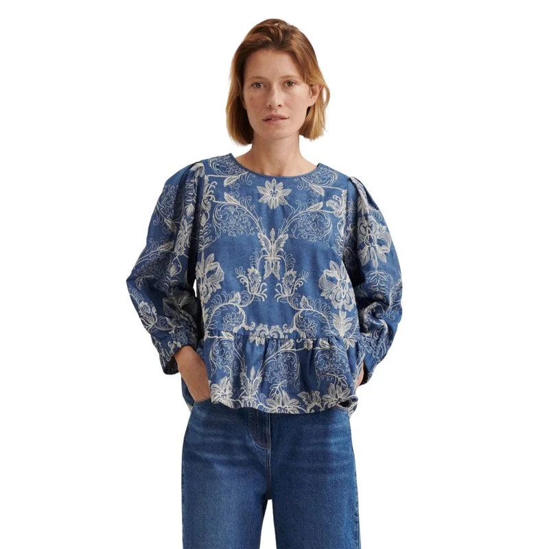 Basilia Blouse in Embroidered Blue Denim