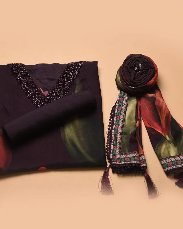 Purplish Black Muslin Blend Digital Printed With Embroidery Unstitched Suit Set With Muslin Printed Dupatta Women's Brand Blazer