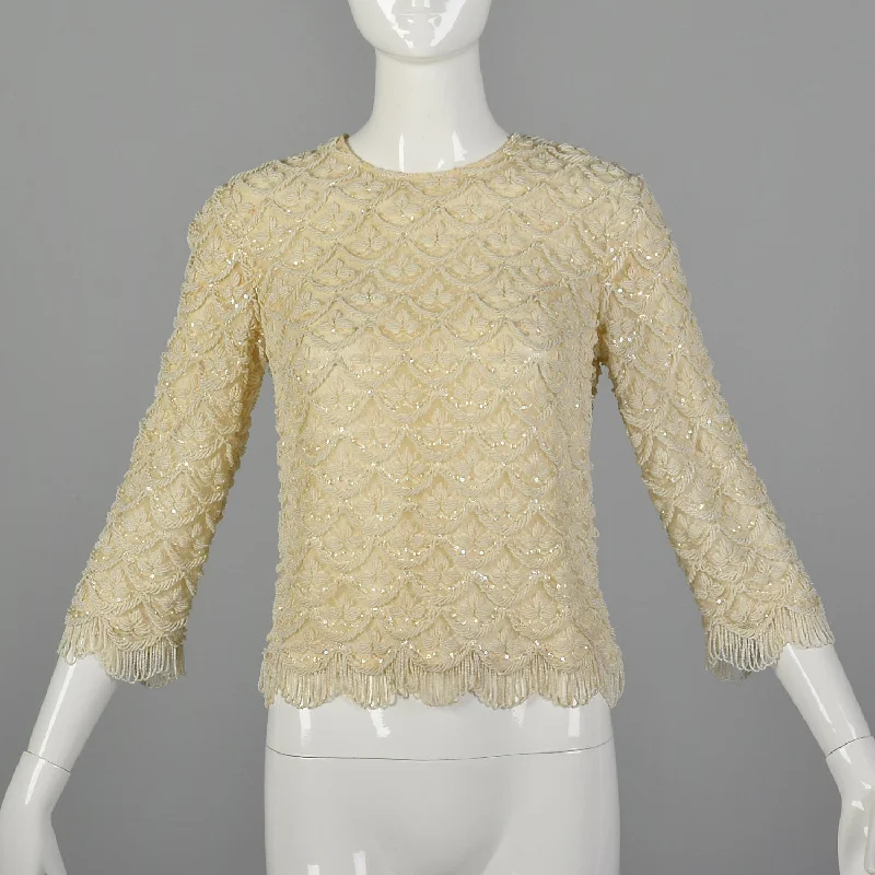 XXS 1960s Ivory Beaded Blouse New Women's Blazer